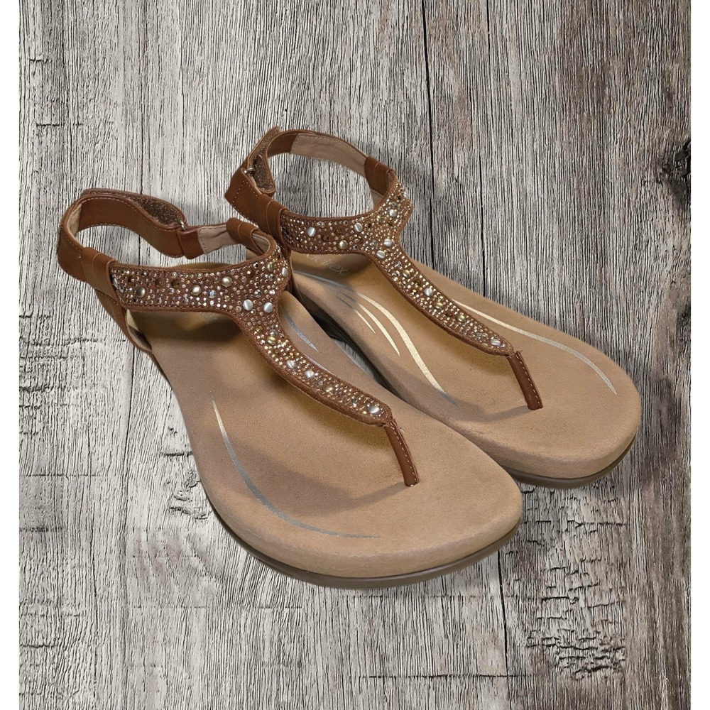 Aetrex Lindsey Embellished Arch Support Memory Foam Sandal Cognac 8.5 - Picture 1 of 6